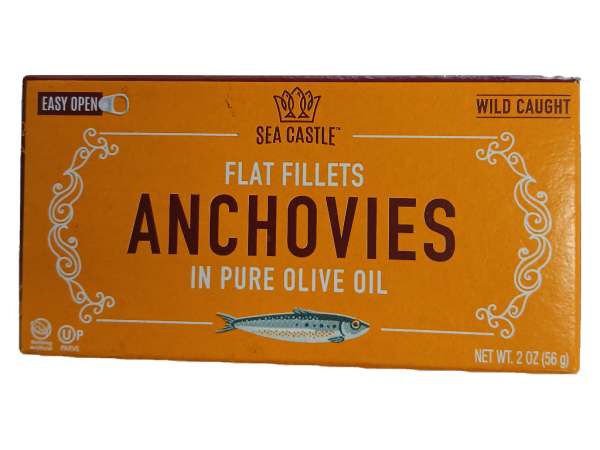 Sea castle flat fillets anchovies in pure olive oil, 2 oz